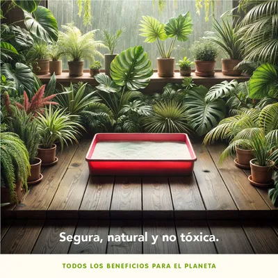 Bandeja de arena roja sobre suelo de madera, rodeada de plantas en macetas. Texto visible: 'Segura, natural y no tóxica.' y 'Todos los beneficios para el planeta'.