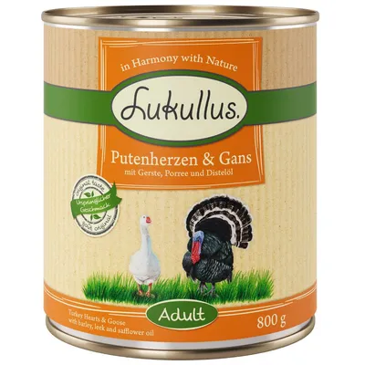 Lukullus kalkunhjerter & gås med byg, porre og tidselolie. Original smag, oprindelig smag. Voksen, 800g.