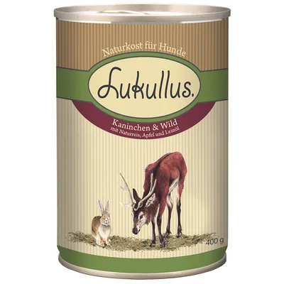 Lukullus Naturkost für Hunde Kaninchen & Wild mit Naturreis, Apfel und Leinöl -koiran märkäruokapurkki, 400 g. Etiketissä kani ja hirviöeläin.