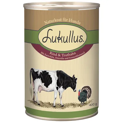 Lukullus Naturkost für Hunde Rind & Truthahn, mit Kartoffeln, Petersilie und Sonnenblumenöl, 400 g. Kuvassa lehmä ja kalkkuna. Teksti saksaksi.