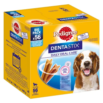 Pedigree Dentastix Daily Oral Care, Big Pack x56 für 8 Wochen Zahnpflege, geeignet für Hunde von 10-25 kg, 1440 g Gesamtgewicht.