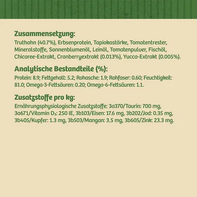 Zusammensetzung: Truthahn 40,7%, Erbsenprotein, Tapiokastärke, Tomatenreste, Mineralstoffe, Sonnenblumenöl, Leinöl, Tomatenpulver, Fischöl, Chicoree- und Cranberryextrakt, Yucca-Extrakt. Analytische Bestandteile: Protein 8,9%, Fett 5,2%, Rohasche 1,9%, Rohfaser 0,6%, Feuchtigkeit 81%, Omega-3 0,2%, Omega-6 1,1%. Zusatzstoffe pro kg: Taurin 700 mg, Vitamin D3 250 IE, Eisen 17,6 mg, Jod 0,35 mg, Kupfer 1,3 mg, Mangan 3,5 mg, Zink 23,3 mg.