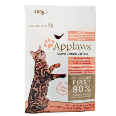 Applaws Natural Complete Cat Food, 400 g. 80 % piščanec in losos, 20 % zelenjava in naravni izvlečki. Brez žit. Oznake: Adult Cat, Prebiotic, Low Carb, razvito z veterinarji.