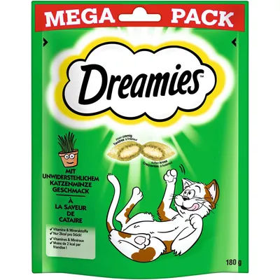 Dreamies Mega Pack, 180g. Cu aromă irezistibilă de mentă pentru pisici, umplutură cremoasă, doar 2 kcal pe bucată, conține vitamine și minerale.