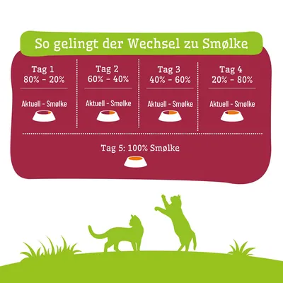 Futterumstellung auf Smølke: Tag 1 80%-20%, Tag 2 60%-40%, Tag 3 40%-60%, Tag 4 20%-80%, Tag 5 100% Smølke. Mischungsverhältnis aktuell zu Smølke pro Tag. Futterumstellung auf Smølke: Tag 1 80%-20%, Tag 2 60%-40%, Tag 3 40%-60%, Tag 4 20%-80%, Tag 5 100% Smølke. Mischungsverhältnis aktuell zu Smølke pro Tag.