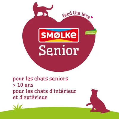 SMØLKE Senior, nourrissez l’amour, avec des ingrédients naturels, pour chats à partir de 10 ans, pour chats d’intérieur et d’extérieur. SMØLKE Senior, nourrissez l’amour, avec des ingrédients naturels, pour chats à partir de 10 ans, pour chats d’intérieur et d’extérieur.