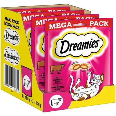 Dreamies Mega Pack, 4 x 180 g, cu vită delicioasă. Ambalajul prezintă o pisică jucăușă și imaginea snackurilor.