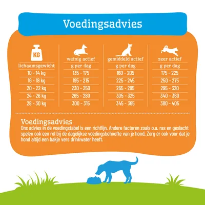 Voedingsschema voor honden op basis van lichaamsgewicht en activiteitsniveau: weinig, gemiddeld of zeer actief. Opgegeven in gram per dag voor 10–30 kg lichaamsgewicht.