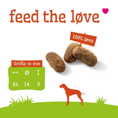 feed the løve, 100% løve. Größe in mm: Länge 24, Durchmesser 14, Höhe 9. Drei Futterstücke und Hundesilhouette sichtbar. feed the løve, 100% løve. Größe in mm: Länge 24, Durchmesser 14, Höhe 9. Drei Futterstücke und Hundesilhouette sichtbar.