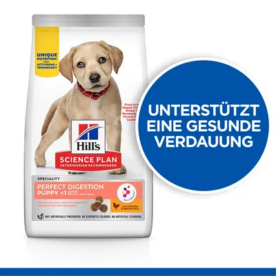 Hill's Science Plan Perfect Digestion Puppy <1 Large s piščancem in rjavim rižem. Podpira zdravo prebavo. Brez umetnih konzervansov, barvil ali arom.