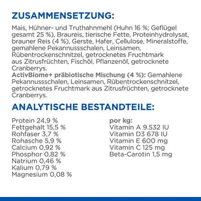 Sestava: koruza, piščančja in puranja moka, rjavi riž, ječmen, oves. Analitske sestavine: beljakovine 24,9 %, vsebnost maščob 15,5 %, vitamini A, D3, E, C, beta-karoten na kg.