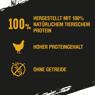 Hergestellt mit 100% natürlichem tierischem Protein, hoher Proteingehalt, ohne Getreide.
