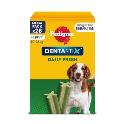 Pedigree Dentastix Daily Fresh Mega Pack x28, geeignet für Hunde von 10-25kg, entwickelt mit Tierärzten.