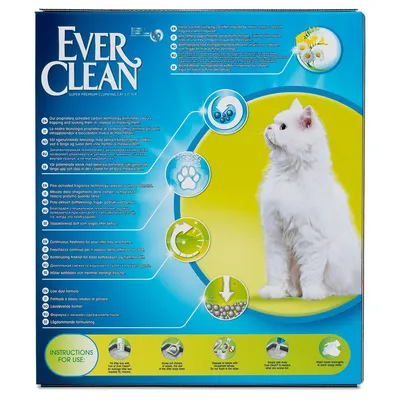 Ever Clean Super Premium Klumpstreu für Katzen. Verpackung mit Produktinformationen zu Geruchskontrolle, Frische, staubarmer Formel und Anwendungshinweisen in mehreren Sprachen.