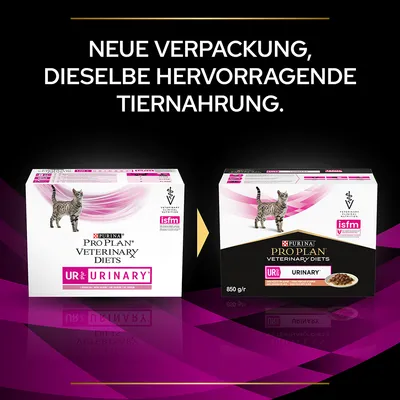 Texte en allemand : Neue Verpackung, dieselbe hervorragende Tiernahrung. Deux boîtes Purina Pro Plan Veterinary Diets UR Urinary pour chat, ancienne et nouvelle version.