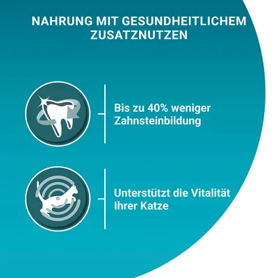 Nahrung mit gesundheitlichem Zusatznutzen: Bis zu 40% weniger Zahnsteinbildung, unterstützt die Vitalität Ihrer Katze.