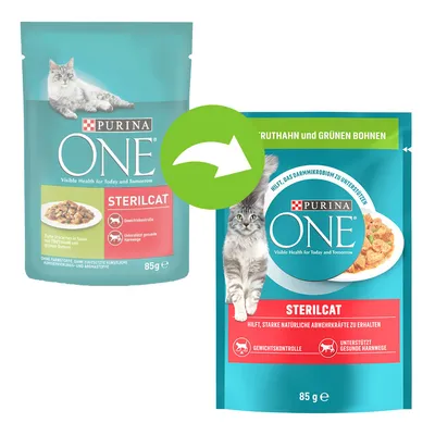 Purina ONE Sterilcat macskaeledel kétféle csomagolásban, 85 g. Látható: márkanév, terméknév, súly, macskakép, fő összetevők képe, piros információs mezők.