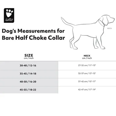 Grössentabelle für Bare Half Choke Collar von Hurtta: Grösse 30-40 cm, Halsumfang 27-32 cm; Grösse 35-45 cm, Halsumfang 32-37 cm; Grösse 40-50 cm, Halsumfang 37-42 cm; Grösse 45-55 cm, Halsumfang 42-47 cm.