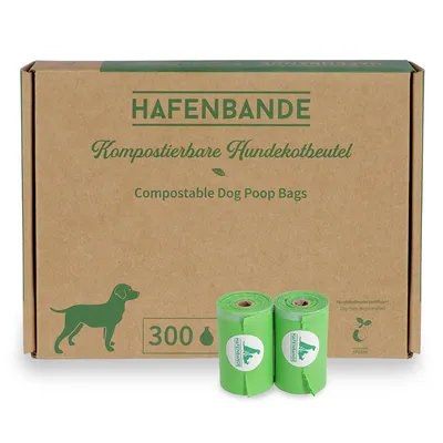 HAFENBANDE Kompostierbare Hundekotbeutel, 300 Stück. Zertifiziert kompostierbar, grüne Rollen mit Logo und braune Verpackung.