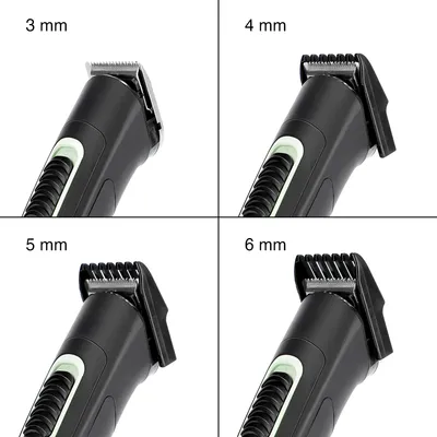 Maszynka do strzyżenia z czterema długościami cięcia: 3 mm, 4 mm, 5 mm i 6 mm. Zbliżenie ostrzy i nasadek.