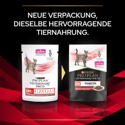 Vergleich der alten und neuen Verpackung von Purina Pro Plan Veterinary Diets DM Diabetes Management mit ISFM-Logo. Text: Neue Verpackung, dieselbe hervorragende Tiernahrung.