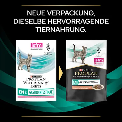 Purina Pro Plan Veterinary Diets EN Gastrointestinal. Neue Verpackung, dieselbe hervorragende Tiernahrung. ISFM zertifiziert für veterinärmedizinische Ernährung.