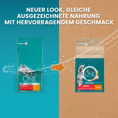 Purina ONE Sterilcat. Neuer Look, gleiche ausgezeichnete Nahrung mit hervorragendem Geschmack. Verpackung jetzt recycelbar, Qualität und Geschmack bleiben erhalten.