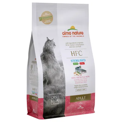 Balení Almo Nature HFC STERILISED 100% FRESH SALMON, MADE IN ITALY, pro dospělé kočky, 1,2 kg. Viditelný text: urinary care, highly bio-available single animal protein.