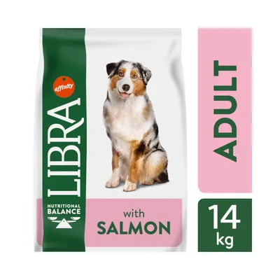 LIBRA with SALMON, ADULT, 14 кг. Опаковка с изображение на куче и надписи: affinity, NUTRITIONAL BALANCE.