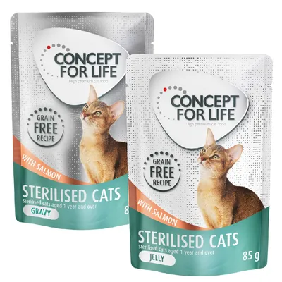 Concept for Life Sterilised Cats, getreidefreie Rezeptur mit Lachs, 85 g, Varianten Gravy und Jelly.
