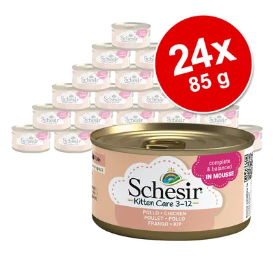 Schesir Kitten Care 3–12, pack de 24 latas de 85 g, sabor pollo. Texto visible: complete & balanced IN MOUSSE.