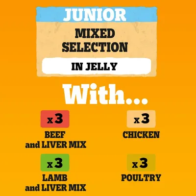 Junior mixed selection in jelly: 3 beef and liver mix, 3 chicken, 3 lamb and liver mix, 3 poultry.