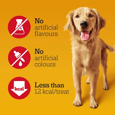 No artificial flavours, no artificial colours, less than 12 kilocalories per treat shown with icons and a dog beside the information.