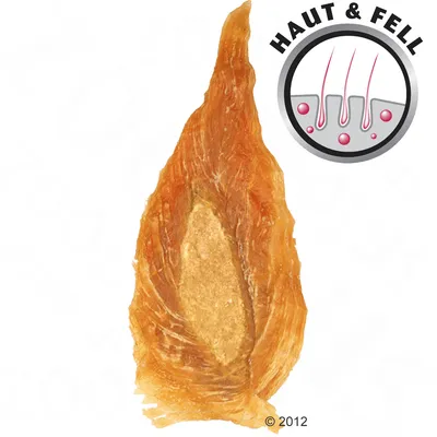Suszony przysmak dla psa, obok okrągła grafika z napisem „Haut & Fell” i rysunkiem skóry z sierścią. Widoczny naturalny kolor produktu.