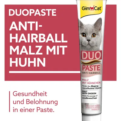 GimCat Duopaste Anti-Hairball Malz mit Huhn. Fördert den Abgang verschluckter Haare. Gesundheit und Belohnung in einer Paste. Ohne Zuckerzusatz, ohne Geschmacksverstärker.