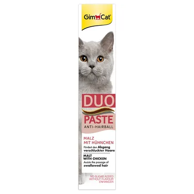 GimCat Duo Paste Anti-Hairball, malt with chicken. Supports removal of swallowed hair. No added sugar and no flavour enhancers.