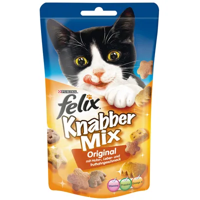 Purina Felix Knabber Mix Original with chicken, liver and turkey flavour. Contains vitamins, proteins and omega 6.