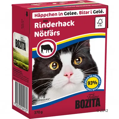 Bozita Feline mačja hrana u želeu s govedinom, 370 g. Tekst na pakiranju: Häppchen in Gelee, Mit Rinderhack, 93 % Fleisch im Häppchen. FSC oznaka.