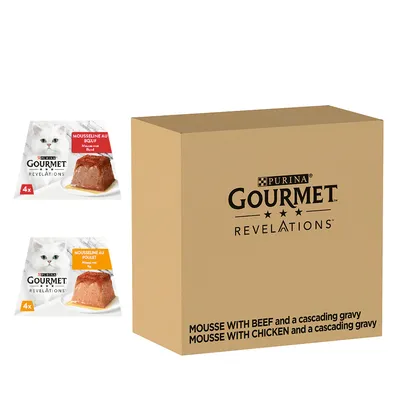 Pack Purina Gourmet Revelations, 4x mousseline au bœuf et 4x mousseline au poulet pour chat. Texte visible : mousse with beef and a cascading gravy, mousse with chicken and a cascading gravy.