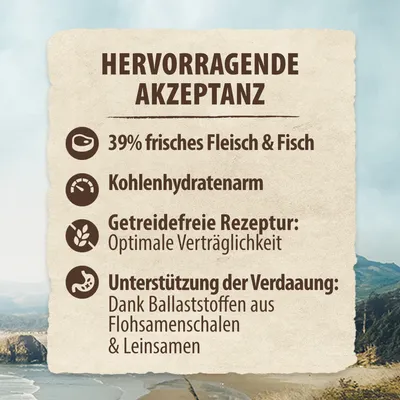 Texte en allemand : 39 % de viande et poisson frais, pauvre en glucides, recette sans céréales pour une tolérance optimale, soutien digestif grâce aux fibres de psyllium et graines de lin.
