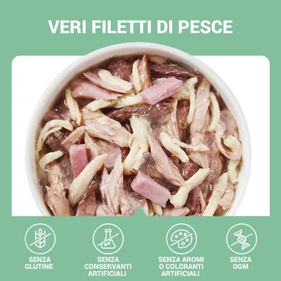 Veri filetti di pesce. Senza glutine, senza conservanti artificiali, senza aromi o coloranti artificiali, senza OGM.