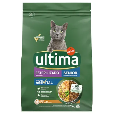 Ultima Sterilizado Senior AgeVital, piščanec, 2,5 kg. Za sterilizirane starejše mačke. Vidno: brez dodanih sladkorjev, barvil in konzervansov. Slika briketov in sestavin.