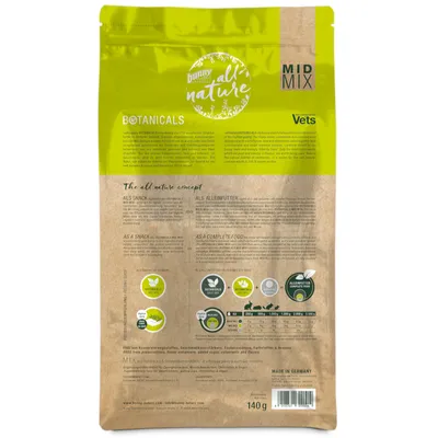 Opakowanie Bunny Nature Botanicals MID MIX Vets, 140 g. Widoczne tabele dawkowania, oznaczenia: bez konserwantów, barwników i aromatów, wyprodukowane w Niemczech.