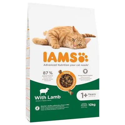 IAMS kattenvoer met lam, 87% dierlijk eiwit, geschikt voor katten vanaf 1 jaar, 10 kg verpakking. Tekst: 'Advanced Nutrition your cat needs', 'With Lamb', 'Complete & Balanced Nutrition'.