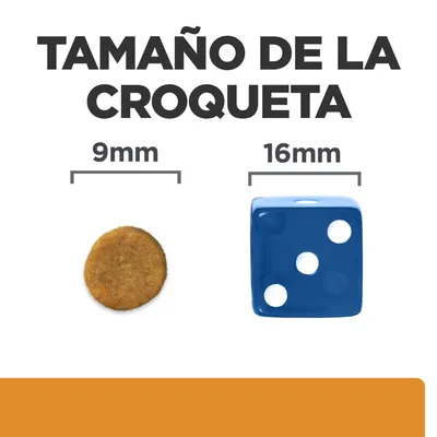 Tamaño de la croqueta: imagen comparativa con una croqueta de 9 mm y un dado azul de 16 mm. Texto visible: 'TAMAÑO DE LA CROQUETA', '9 mm', '16 mm'.