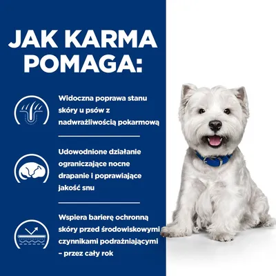 Jak karma pomaga: poprawa stanu skóry u psów z nadwrażliwością pokarmową, ograniczenie nocnego drapania, wsparcie bariery ochronnej skóry przez cały rok.