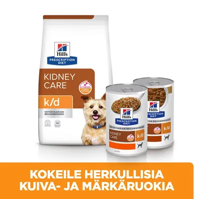 Hill's Prescription Diet Kidney Care k/d kissanruoka, kuivaruokapakkaus ja kaksi märkäruokapurkkia. Teksti: Kokeile herkullisia kuiva- ja märkäruokia.