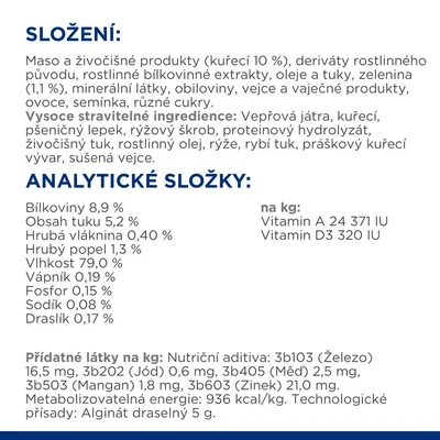 Zloženie: kuracie mäso 10 %, rastlinné extrakty, oleje, zelenina, vajcia, ovocie. Analytické zložky: bielkoviny 8,9 %, tuk 5,2 %, vláknina 0,4 %, vlhkosť 79 %. Prídavné látky a vitamíny uvedené.