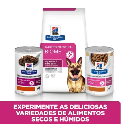 Hill's Prescription Diet Gastrointestinal Biome para cães, embalagem de ração seca e duas latas de comida húmida. Texto: Experimente as deliciosas variedades de alimentos secos e húmidos.