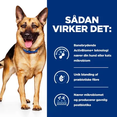 Sådan virker det: Banebrydende ActivBiome+ teknologi nærer din hund eller kats mikrobiom. Unik blanding af præbiotiske fibre. Nærer mikrobiomet og producerer gavnlig postbiotika.